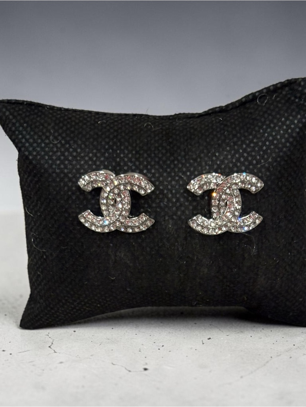 CHANEL Silver Crystal CC Logo Stud Earrings